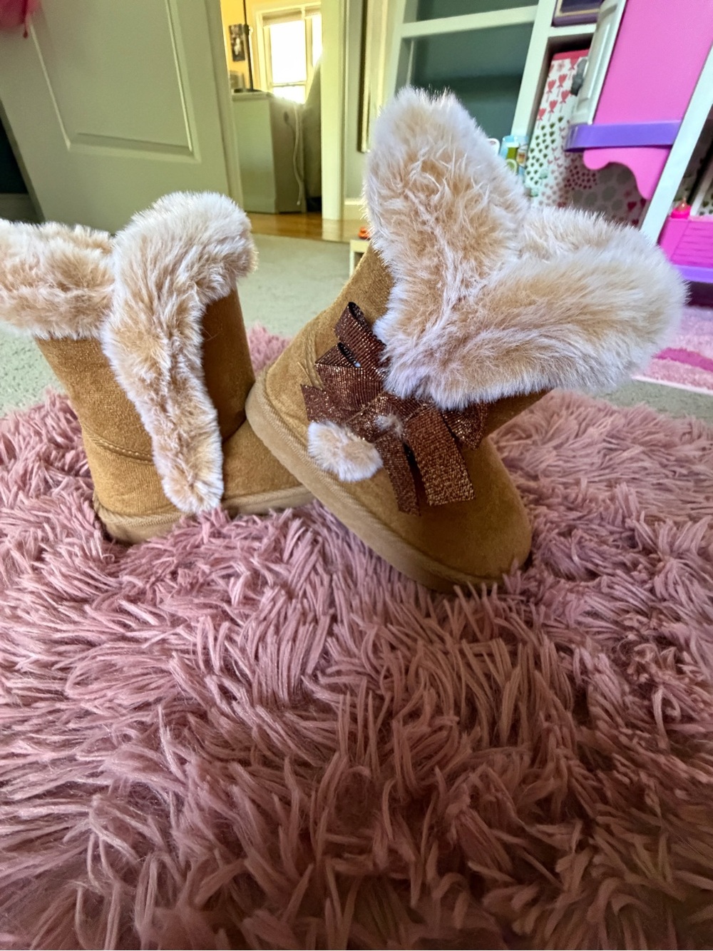Girls Brown Faux-Fur Trim Bow Boots - Cozy Slip-On Style